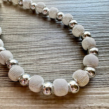 Load image into Gallery viewer, Mirror Silver Single strand jewelry, bib beaded chunky statement necklace, bridesmaid metallic silver geometric gray circle mesh