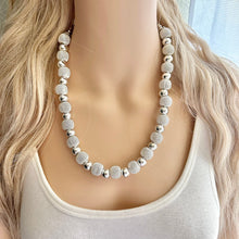 Load image into Gallery viewer, Mirror Silver Single strand jewelry, bib beaded chunky statement necklace, bridesmaid metallic silver geometric gray circle mesh