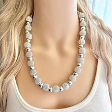 Load image into Gallery viewer, Mirror Silver Single strand jewelry, bib beaded chunky statement necklace, bridesmaid metallic silver geometric gray circle mesh
