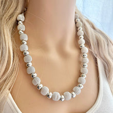 Load image into Gallery viewer, Mirror Silver Single strand jewelry, bib beaded chunky statement necklace, bridesmaid metallic silver geometric gray circle mesh