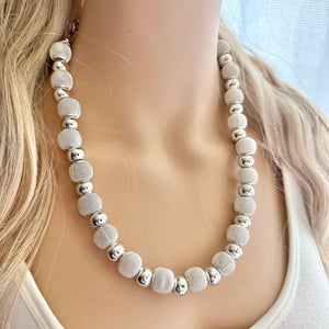 Mirror Silver Single strand jewelry, bib beaded chunky statement necklace, bridesmaid metallic silver geometric gray circle mesh