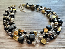 Load image into Gallery viewer, Black &amp; Gold Necklace OOAK multi strand jewelry, bib beaded chunky statement necklace, bridesmaid metallic resin gray glitter neutral