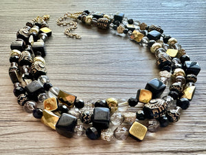 Black & Gold Necklace OOAK multi strand jewelry, bib beaded chunky statement necklace, bridesmaid metallic resin gray glitter neutral