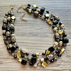 Black & Gold Necklace OOAK multi strand jewelry, bib beaded chunky statement necklace, bridesmaid metallic resin gray glitter neutral