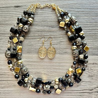 Black & Gold Necklace OOAK multi strand jewelry, bib beaded chunky statement necklace, bridesmaid metallic resin gray glitter neutral