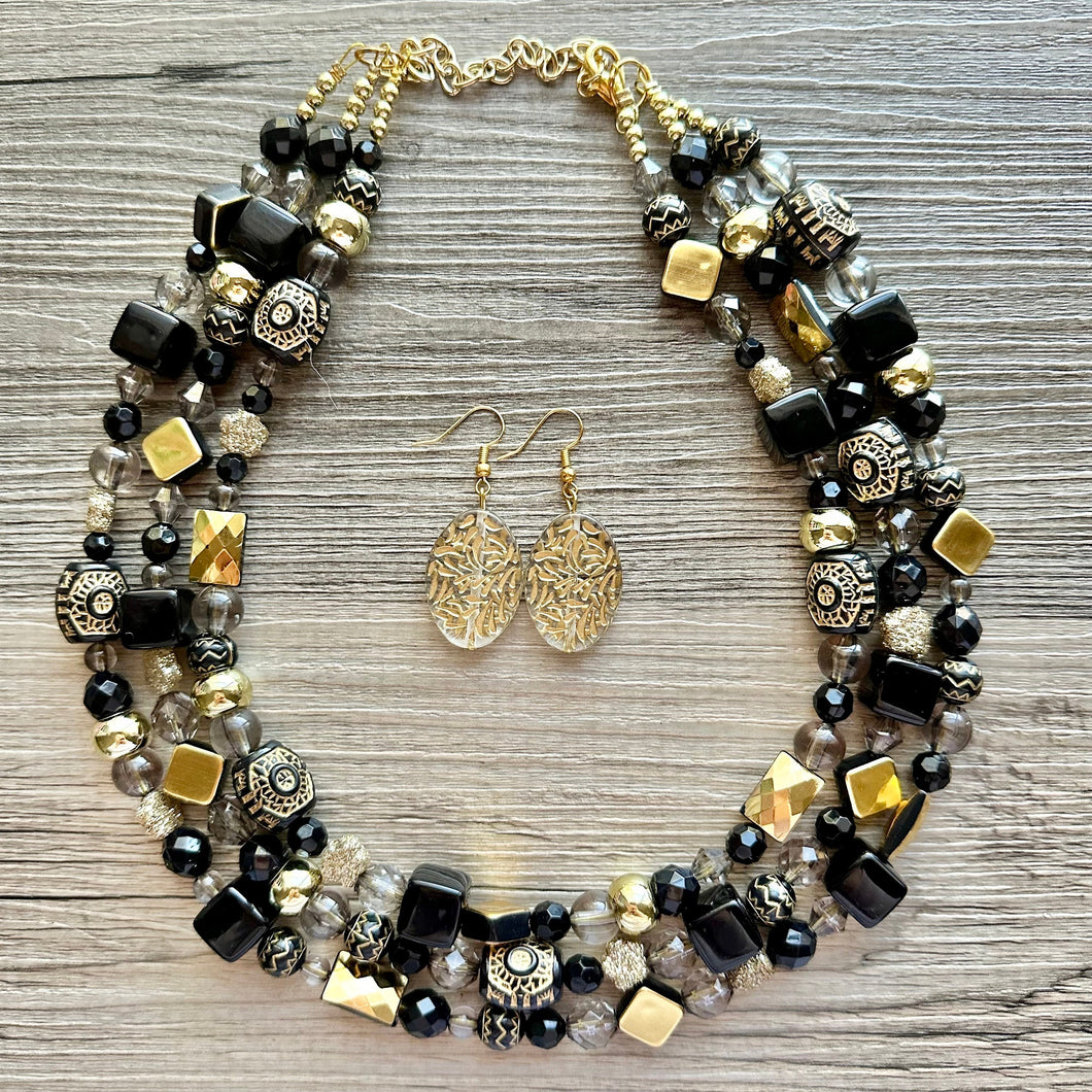 Black & Gold Necklace OOAK multi strand jewelry, bib beaded chunky statement necklace, bridesmaid metallic resin gray glitter neutral