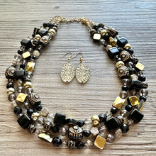 Load image into Gallery viewer, Black &amp; Gold Necklace OOAK multi strand jewelry, bib beaded chunky statement necklace, bridesmaid metallic resin gray glitter neutral