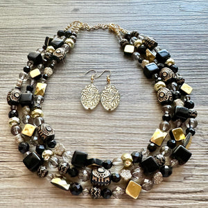 Black & Gold Necklace OOAK multi strand jewelry, bib beaded chunky statement necklace, bridesmaid metallic resin gray glitter neutral