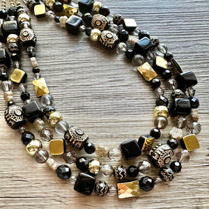 Black & Gold Necklace OOAK multi strand jewelry, bib beaded chunky statement necklace, bridesmaid metallic resin gray glitter neutral