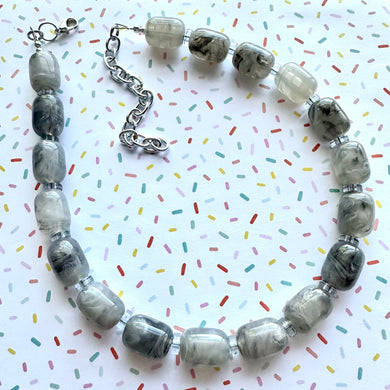 Single Strand Silver gray creamy Resin Chunky statement necklace, big beaded jewelry, gifts for women, bib jewelry necklace neutral earring