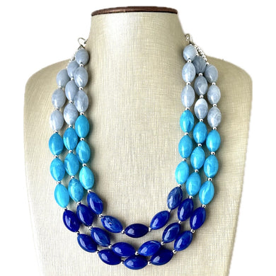 Blue Ombré statement necklace, 3 strand chunky light blue necklace earrings, royal bib aqua turquoise jewelry, beaded blue necklace jewelry