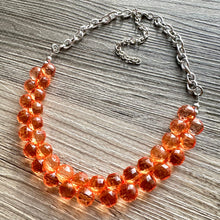 Load image into Gallery viewer, Coral Orange single Strand cluster statement necklace, big beaded chunky jewelry, chunky Bib Jewelry geometric faceted silver necklace