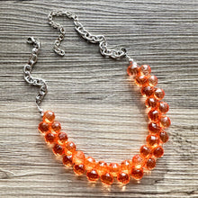 Load image into Gallery viewer, Coral Orange single Strand cluster statement necklace, big beaded chunky jewelry, chunky Bib Jewelry geometric faceted silver necklace