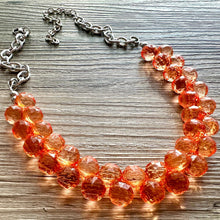 Load image into Gallery viewer, Coral Orange single Strand cluster statement necklace, big beaded chunky jewelry, chunky Bib Jewelry geometric faceted silver necklace