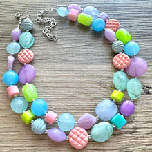 Load image into Gallery viewer, Easter Glam Necklace, pastel multi strand colorful jewelry, big beaded chunky statement set necklace bubble yellow white pink blue purple