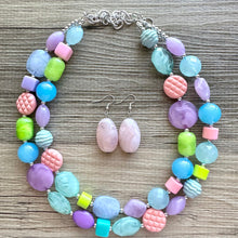 Load image into Gallery viewer, Easter Glam Necklace, pastel multi strand colorful jewelry, big beaded chunky statement set necklace bubble yellow white pink blue purple