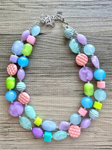 Easter Glam Necklace, pastel multi strand colorful jewelry, big beaded chunky statement set necklace bubble yellow white pink blue purple