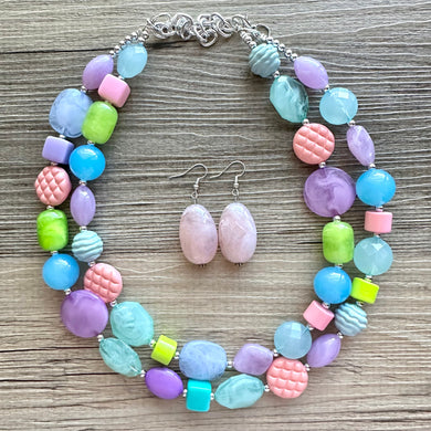 Easter Glam Necklace, pastel multi strand colorful jewelry, big beaded chunky statement set necklace bubble yellow white pink blue purple