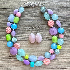 Easter Glam Necklace, pastel multi strand colorful jewelry, big beaded chunky statement set necklace bubble yellow white pink blue purple