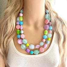 Load image into Gallery viewer, Easter Glam Necklace, pastel multi strand colorful jewelry, big beaded chunky statement set necklace bubble yellow white pink blue purple