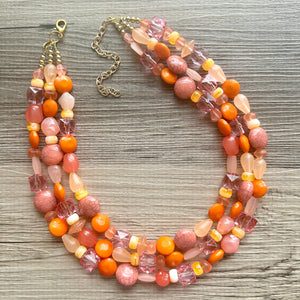 100 Julys Neon Bright summer Statement Chunky Bib Silver, pink orange yellow beaded jewelry, festival 80s bright colors colorful peach coral