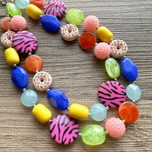 Load image into Gallery viewer, Donut Dreams Necklace, Rainbow 2 strand Chunky Statement, Orange blue green pink yellow jewelry bridesmaid bib wedding chunky bib beaded