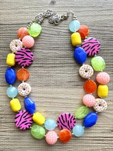 Load image into Gallery viewer, Donut Dreams Necklace, Rainbow 2 strand Chunky Statement, Orange blue green pink yellow jewelry bridesmaid bib wedding chunky bib beaded