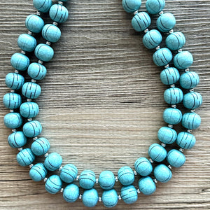 Vintage Beaded Necklace, Double Strand Blue Statement Necklace, Layering Necklace, Aqua Geometric light blue turquoise silver bead chunky