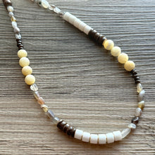 Load image into Gallery viewer, Wood &amp; Gemstone Skinny Statement Necklace, neutral geometric necklace, long gem jewelry beaded jewelry pendant layering brown birch