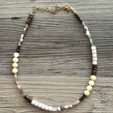 Load image into Gallery viewer, Wood &amp; Gemstone Skinny Statement Necklace, neutral geometric necklace, long gem jewelry beaded jewelry pendant layering brown birch