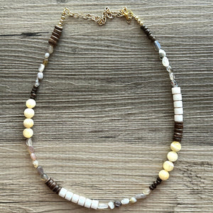 Wood & Gemstone Skinny Statement Necklace, neutral geometric necklace, long gem jewelry beaded jewelry pendant layering brown birch