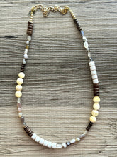 Load image into Gallery viewer, Wood &amp; Gemstone Skinny Statement Necklace, neutral geometric necklace, long gem jewelry beaded jewelry pendant layering brown birch