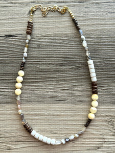 Wood & Gemstone Skinny Statement Necklace, neutral geometric necklace, long gem jewelry beaded jewelry pendant layering brown birch