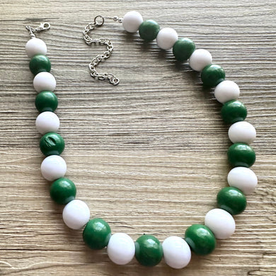Green & White Statement Necklace, football jewelry, dark green bib chunky necklace, sports team gray ombré white beaded necklace silver