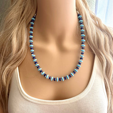 Blue Jean Americana Necklace, Single Strand Statement Jewelry, light & navy blue Chunky bib bridesmaid jewelry necklace beaded gem