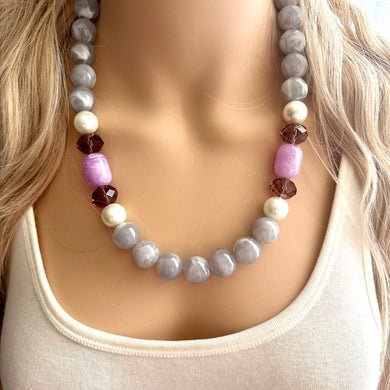 Purple & gray creamy Resin Chunky statement necklace, big beaded jewelry, gifts for women bib jewelry neutral pearl crystal lavender