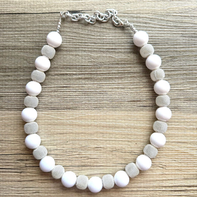 White Textured necklace, white acrylic beaded statement necklace, everyday neutral chunky layering vintage necklace bubblegum bead