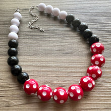 Load image into Gallery viewer, Red &amp; Black Day at the Park statement necklace, Polka Dot chunky bib necklace, beaded jewelry gray neutral single strand white jewelry