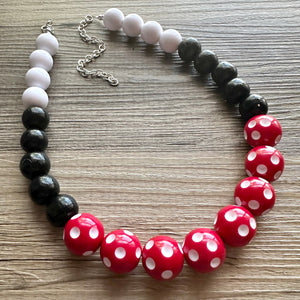 Red & Black Day at the Park statement necklace, Polka Dot chunky bib necklace, beaded jewelry gray neutral single strand white jewelry