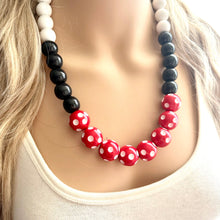 Load image into Gallery viewer, Red &amp; Black Day at the Park statement necklace, Polka Dot chunky bib necklace, beaded jewelry gray neutral single strand white jewelry