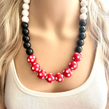 Load image into Gallery viewer, Red &amp; Black Day at the Park statement necklace, Polka Dot chunky bib necklace, beaded jewelry gray neutral single strand white jewelry