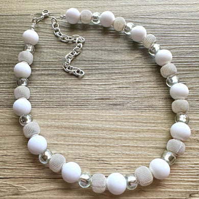 White Textured necklace, white acrylic beaded statement necklace, everyday neutral chunky layering vintage necklace bubblegum bead