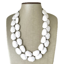 Load image into Gallery viewer, White Statement jewelry set, Chunky Beaded Necklace, white Jewelry, white Necklace, white beaded necklace, white and silver necklace, white