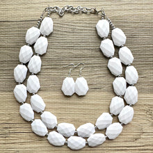 Load image into Gallery viewer, White Statement jewelry set, Chunky Beaded Necklace, white Jewelry, white Necklace, white beaded necklace, white and silver necklace, white