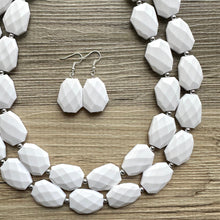 Load image into Gallery viewer, White Statement jewelry set, Chunky Beaded Necklace, white Jewelry, white Necklace, white beaded necklace, white and silver necklace, white