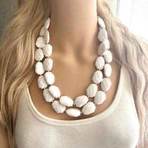 White Statement jewelry set, Chunky Beaded Necklace, white Jewelry, white Necklace, white beaded necklace, white and silver necklace, white