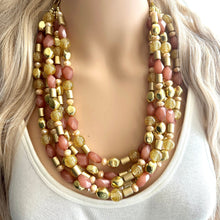 Load image into Gallery viewer, Golden Champagne Bubbles Elegance Extra Chunky Statement Necklace, tan gold beaded jewelry, Multi Strand 5 Bib Necklace, Beaded necklace