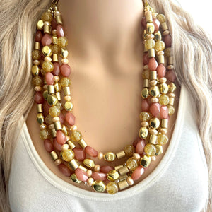 Golden Champagne Bubbles Elegance Extra Chunky Statement Necklace, tan gold beaded jewelry, Multi Strand 5 Bib Necklace, Beaded necklace