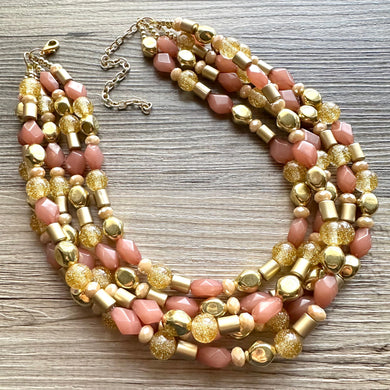 Golden Champagne Bubbles Elegance Extra Chunky Statement Necklace, tan gold beaded jewelry, Multi Strand 5 Bib Necklace, Beaded necklace
