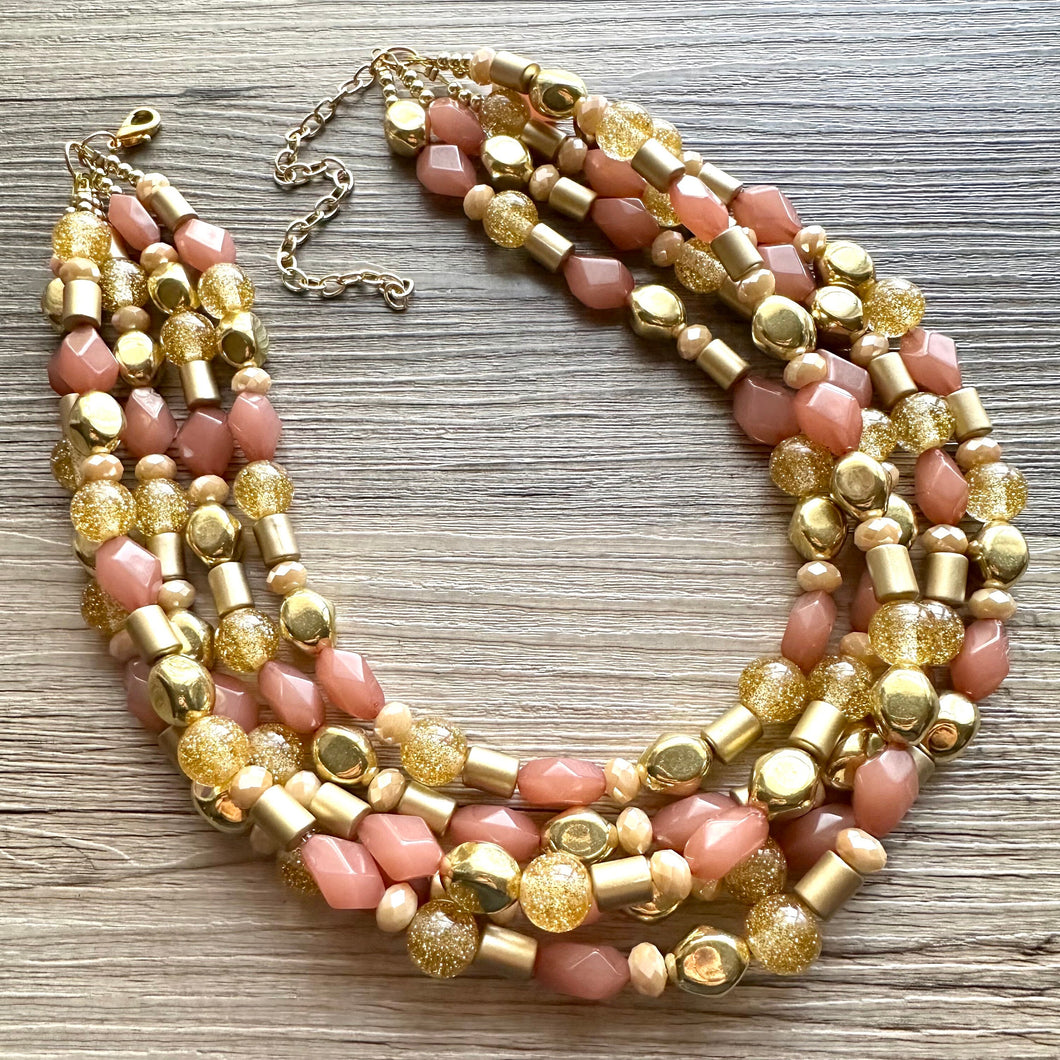 Golden Champagne Bubbles Elegance Extra Chunky Statement Necklace, tan gold beaded jewelry, Multi Strand 5 Bib Necklace, Beaded necklace